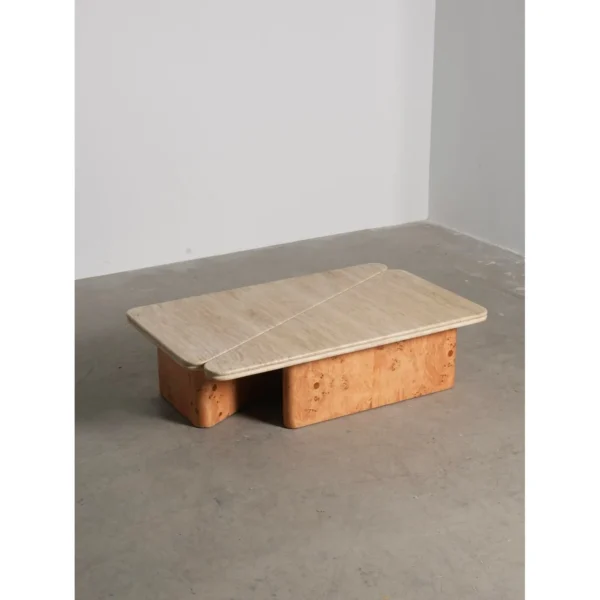 Raw Travertine and Burl Coffee Table Pair, 140 x 90 cm in oatmeal — in a room setting