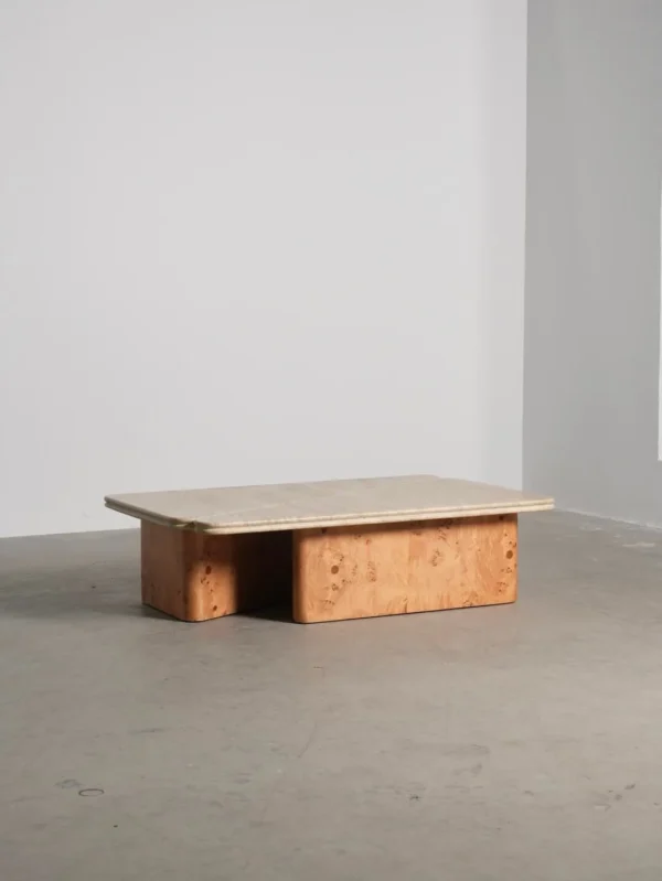 Raw Travertine and Burl Coffee Table Pair, 140 x 90 cm in oatmeal — in a room setting