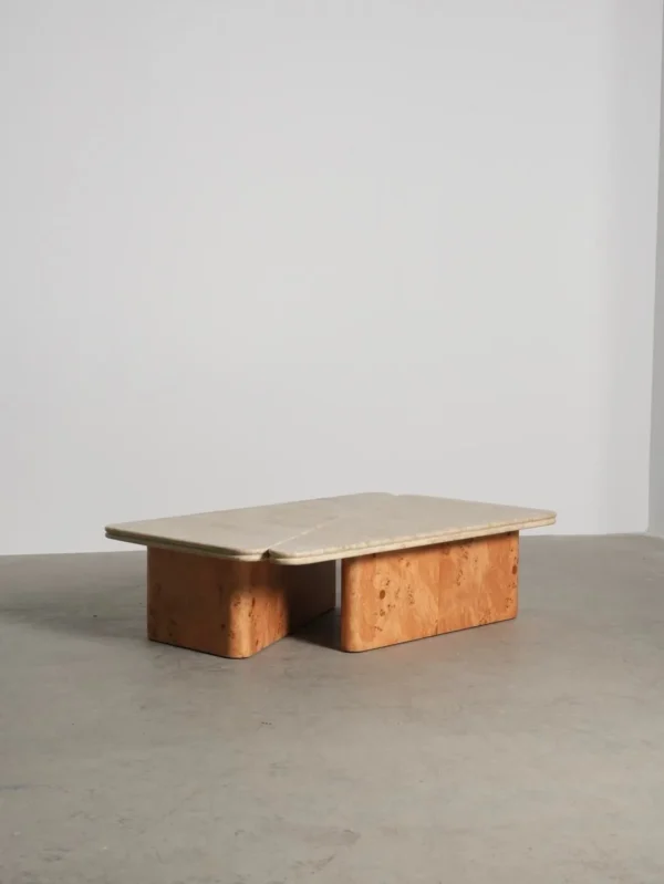 Raw Travertine and Burl Coffee Table Pair, 140 x 90 cm in oatmeal — in a room setting