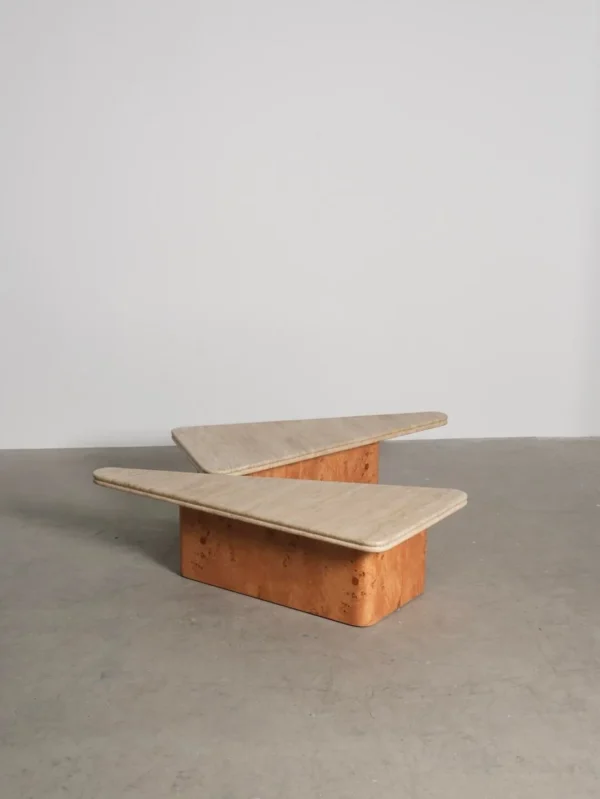 Raw Travertine and Burl Coffee Table Pair, 140 x 90 cm in oatmeal — in a room setting