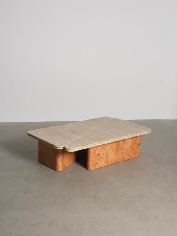 Raw Travertine and Burl Coffee Table Pair, 140 x 90 cm in oatmeal — in a room setting