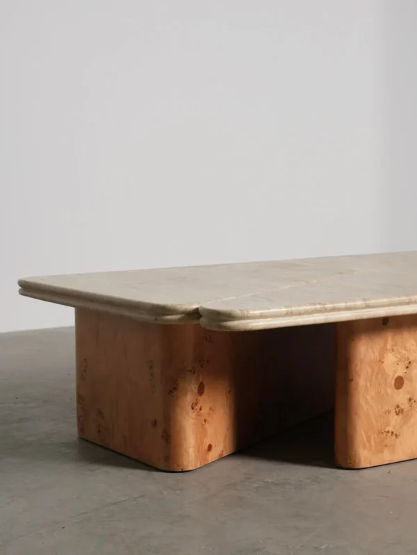 Raw Travertine and Burl Coffee Table Pair, 140 x 90 cm in oatmeal — detail