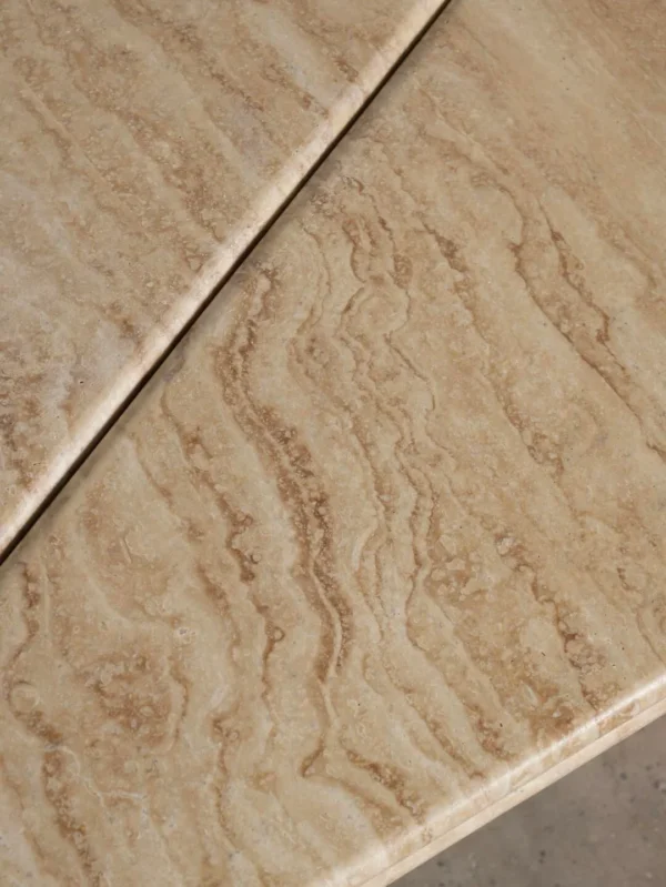 Raw Travertine and Burl Coffee Table Pair, 140 x 90 cm in oatmeal — detail