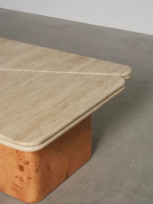 Raw Travertine and Burl Coffee Table Pair, 140 x 90 cm in oatmeal — detail