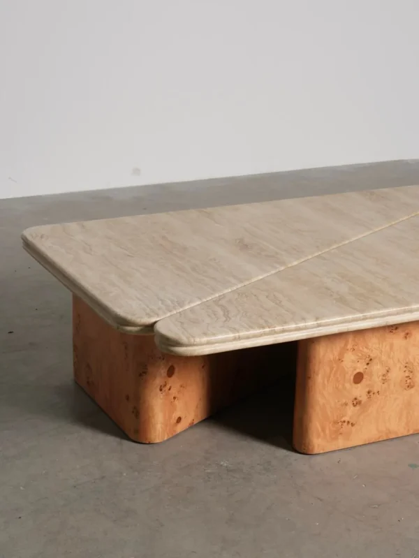 Raw Travertine and Burl Coffee Table Pair, 140 x 90 cm in oatmeal — detail