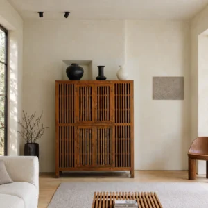 Reclaimed Wood Lattice-Door Tall Cabinet in natural oak — front view