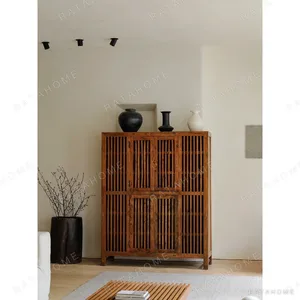 Reclaimed Wood Lattice-Door Tall Cabinet in natural oak — in a room setting