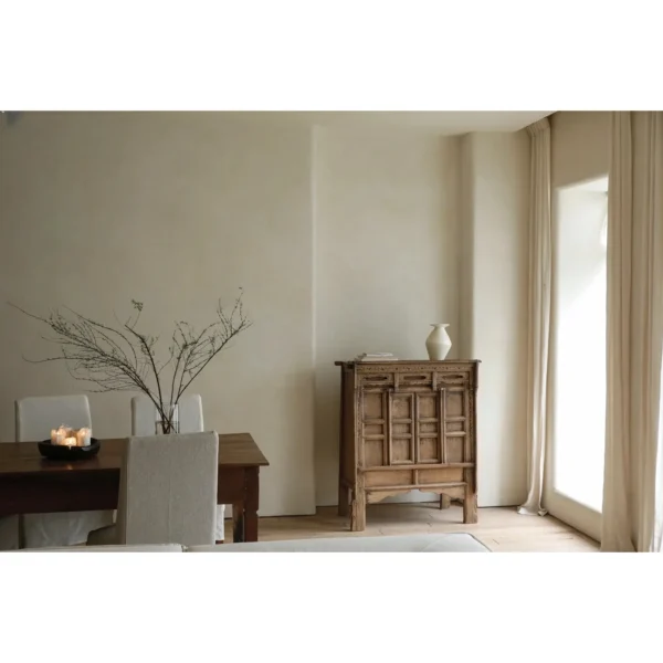 Reclaimed Wood Antique-Style Chinese Cabinet in natural oak — in a room setting