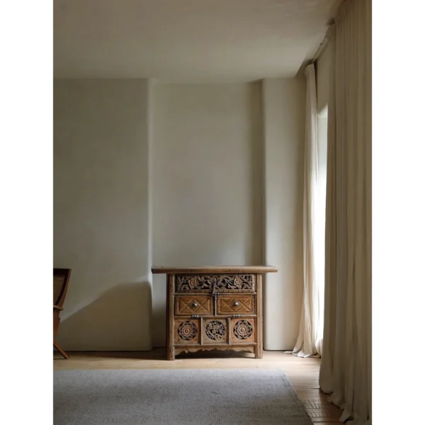 Reclaimed Wood Antique-Style Chinese Cabinet in natural oak — in a room setting