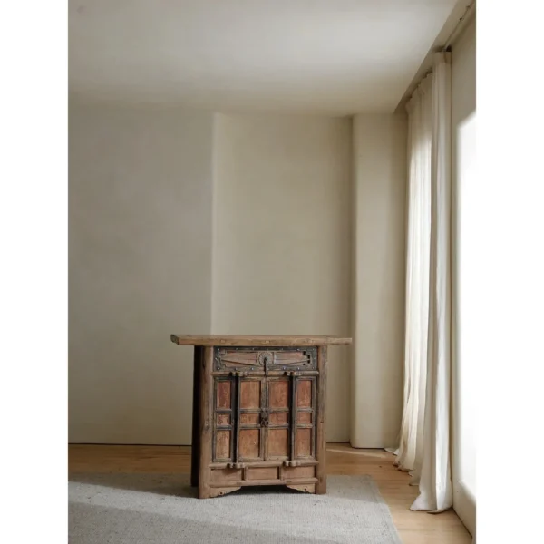 Reclaimed Wood Antique-Style Chinese Cabinet in natural oak — in a room setting