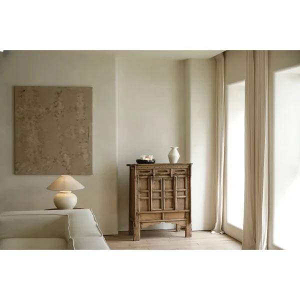 Reclaimed Wood Antique-Style Chinese Cabinet in natural oak — in a room setting