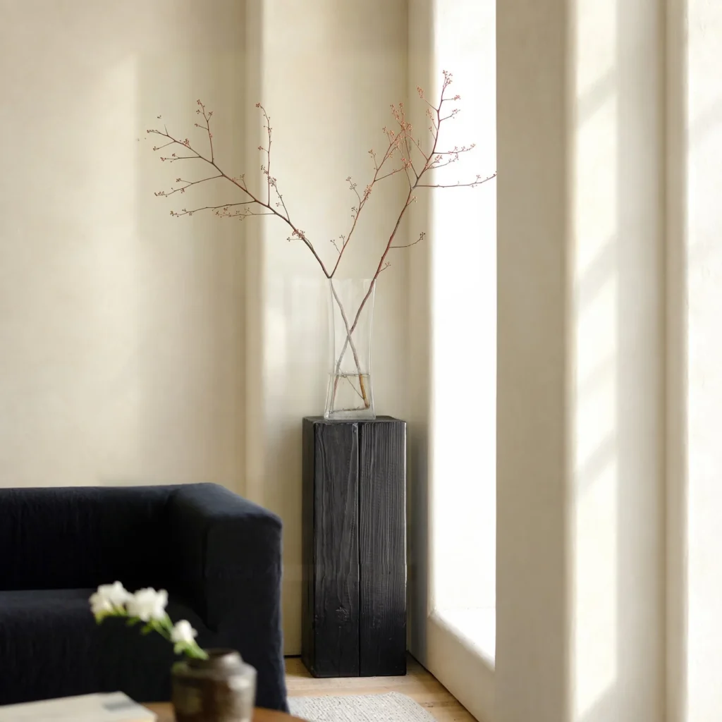 Charred Black Wood Stump Flower Pedestal in black — front view
