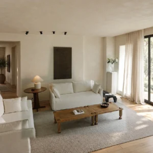 Reclaimed Wood Coffee Table with Cream Linen Sofa in natural oak — front view