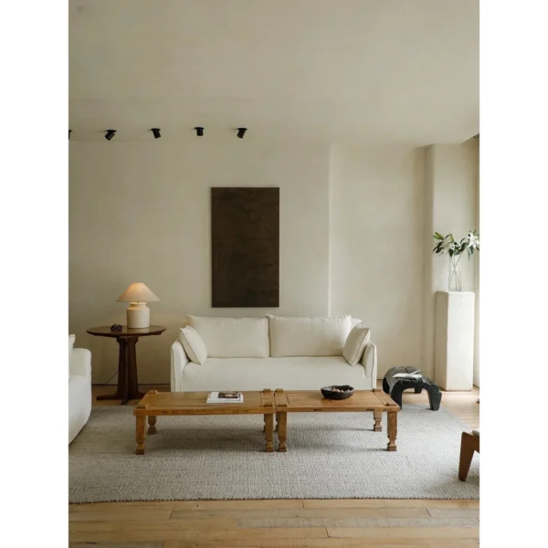 Reclaimed Wood Coffee Table with Cream Linen Sofa in natural oak — in a room setting