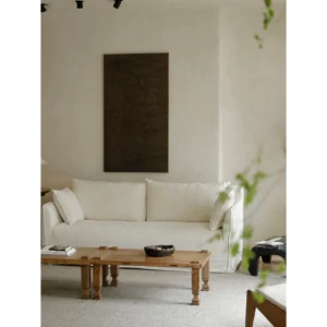 Reclaimed Wood Coffee Table with Cream Linen Sofa in natural oak — in a room setting