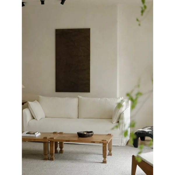Reclaimed Wood Coffee Table with Cream Linen Sofa in natural oak — in a room setting
