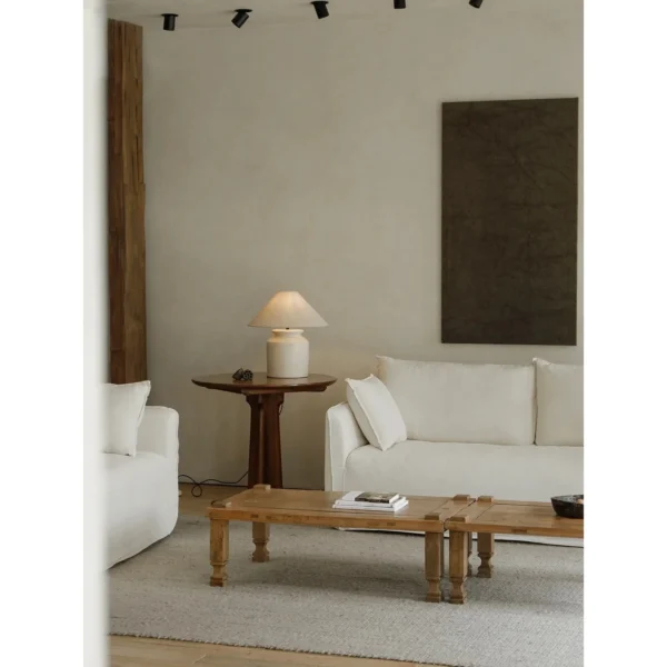Reclaimed Wood Coffee Table with Cream Linen Sofa in natural oak — in a room setting