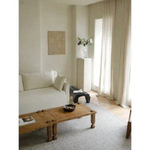 Reclaimed Wood Coffee Table with Cream Linen Sofa in natural oak — in a room setting