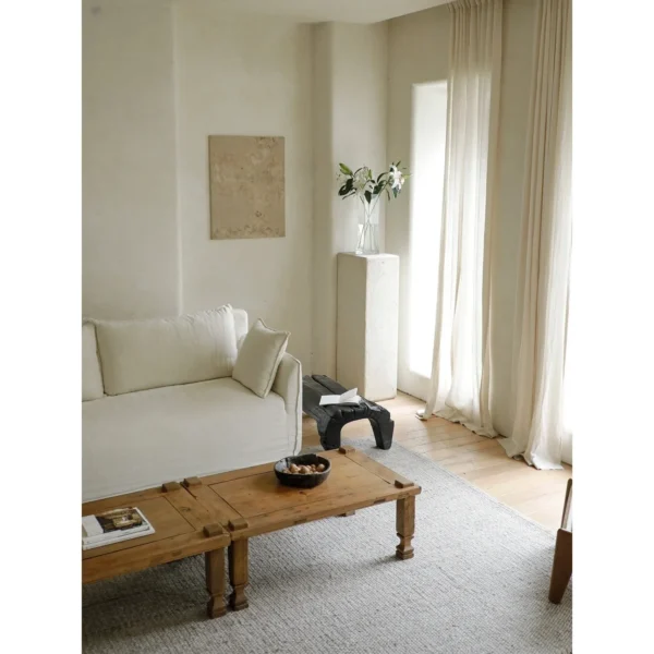 Reclaimed Wood Coffee Table with Cream Linen Sofa in natural oak — in a room setting