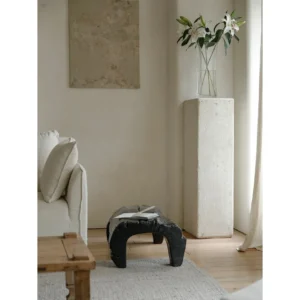 Reclaimed Wood Coffee Table with Cream Linen Sofa in natural oak — in a room setting