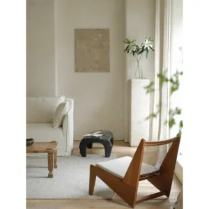 Reclaimed Wood Coffee Table with Cream Linen Sofa in natural oak — in a room setting