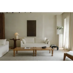 Reclaimed Wood Coffee Table with Cream Linen Sofa in natural oak — in a room setting
