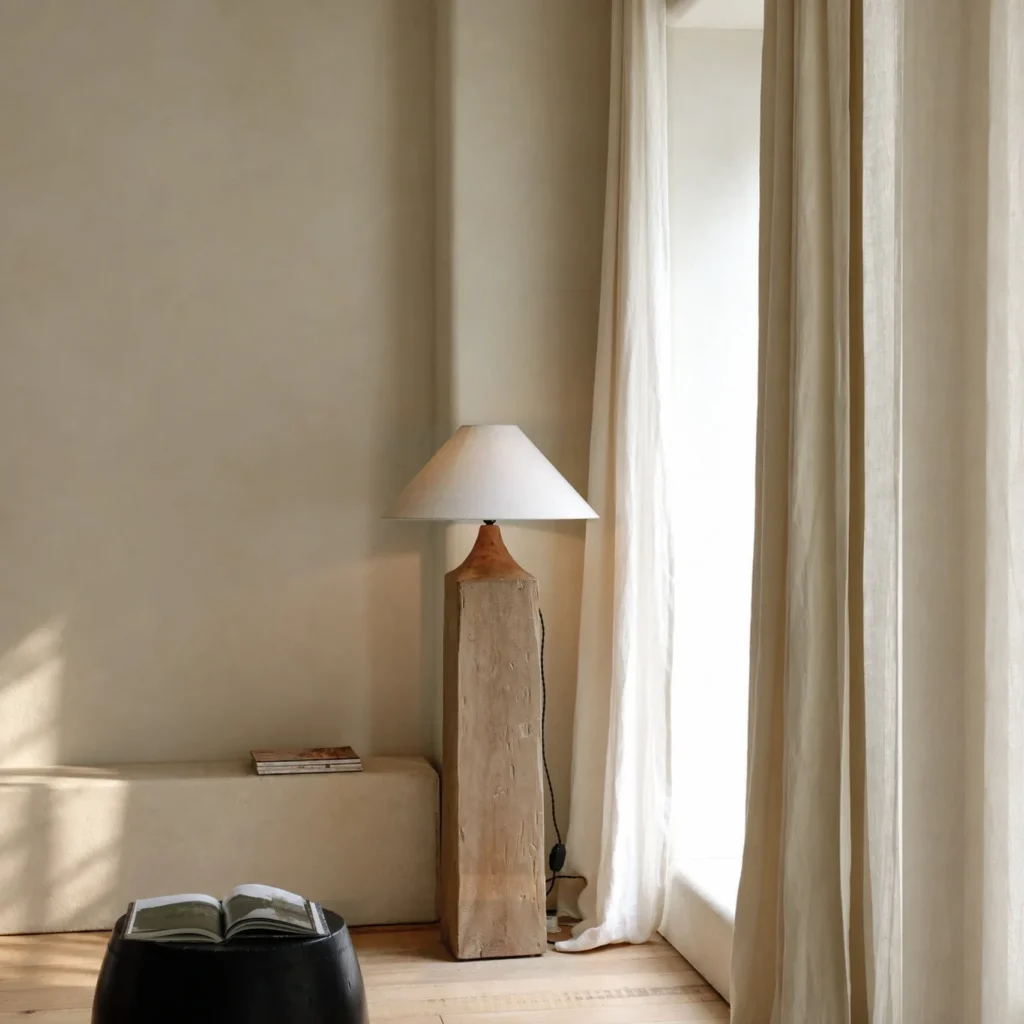 Reclaimed Wood Post Floor Lamp with Linen Shade in natural oak — front view