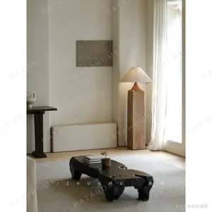 Reclaimed Wood Post Floor Lamp with Linen Shade in natural oak — in a room setting