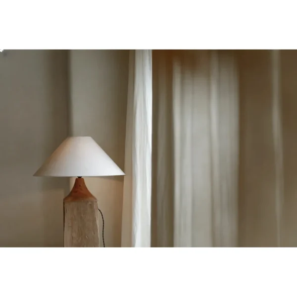 Reclaimed Wood Post Floor Lamp with Linen Shade in natural oak — in a room setting