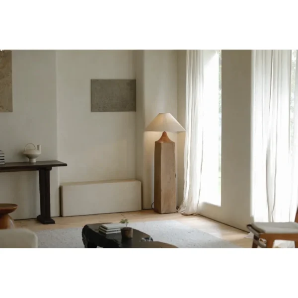 Reclaimed Wood Post Floor Lamp with Linen Shade in natural oak — in a room setting