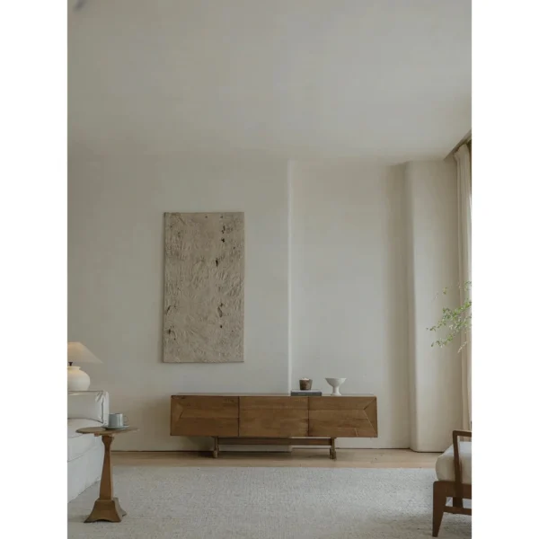 Reclaimed Old Wood TV Cabinet with Three Drawers in natural oak — in a room setting