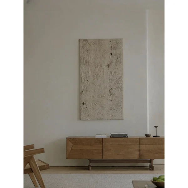 Reclaimed Old Wood TV Cabinet with Three Drawers in natural oak — in a room setting