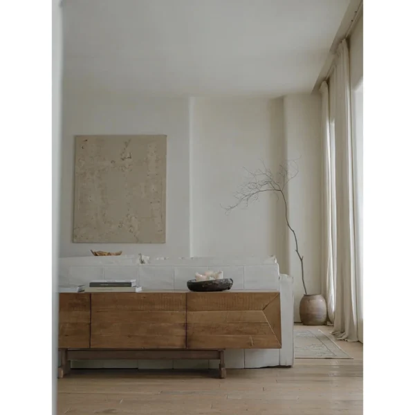 Reclaimed Old Wood TV Cabinet with Three Drawers in natural oak — in a room setting