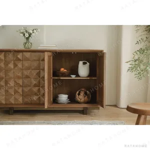 Reclaimed Wood Pyramid-Relief Sideboard with Zoned Storage in natural oak — in a room setting