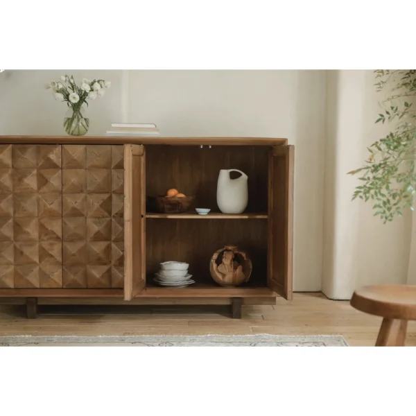 Reclaimed Wood Pyramid-Relief Sideboard with Zoned Storage in natural oak — in a room setting