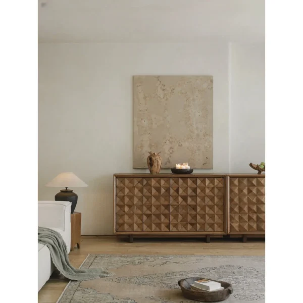 Reclaimed Wood Pyramid-Relief Sideboard with Zoned Storage in natural oak — in a room setting
