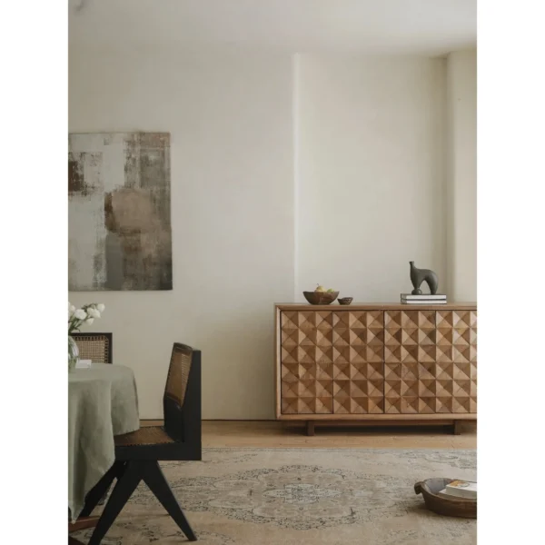 Reclaimed Wood Pyramid-Relief Sideboard with Zoned Storage in natural oak — in a room setting