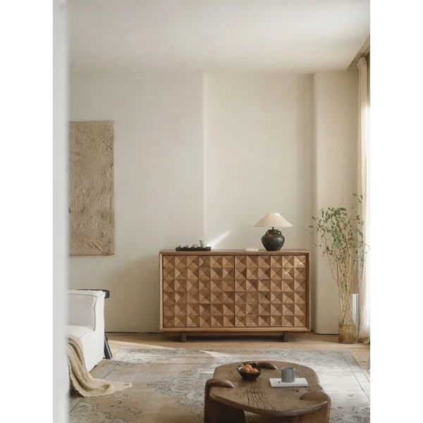 Reclaimed Wood Pyramid-Relief Sideboard with Zoned Storage in natural oak — in a room setting