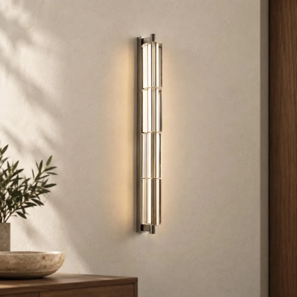 Rectangular Crystal Column Wall Light with Chrome Caps in silver — front view