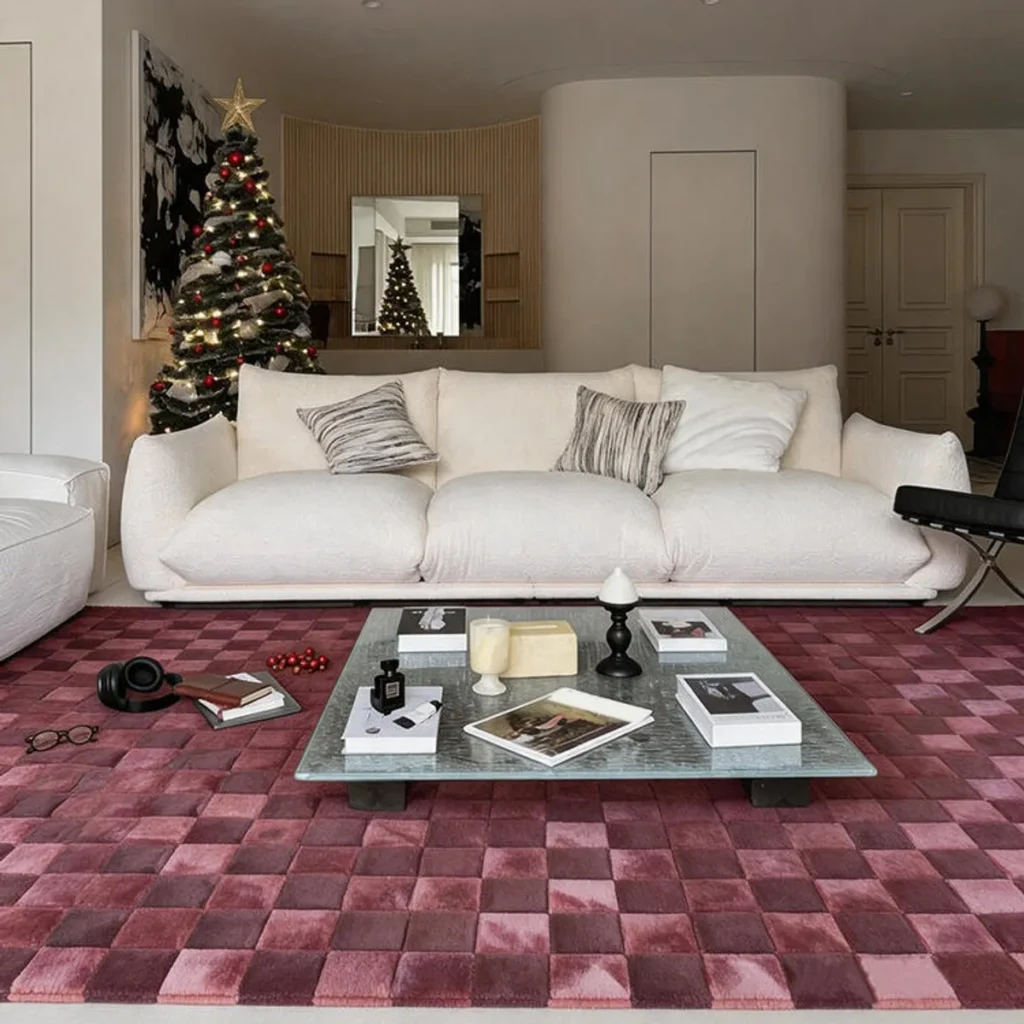 Burgundy Checkerboard Rug with Tonal Squares in burgundy — front view