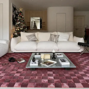 Burgundy Checkerboard Rug with Tonal Squares in burgundy — front view