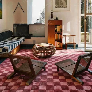 Burgundy Checkerboard Rug with Tonal Squares in burgundy — in a room setting