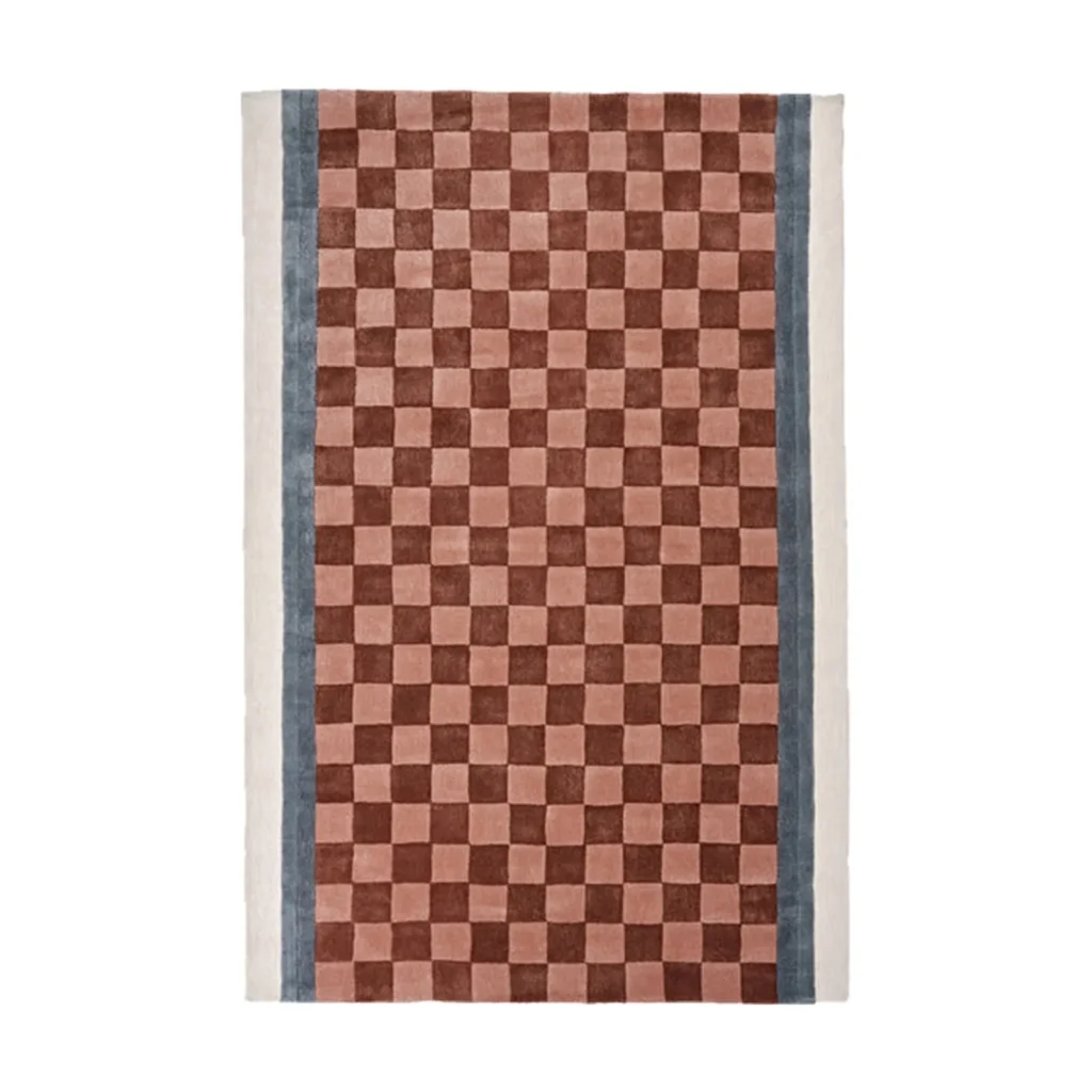 Red-Brown Checkerboard Rug with Blue and Cream Border in clay — front view