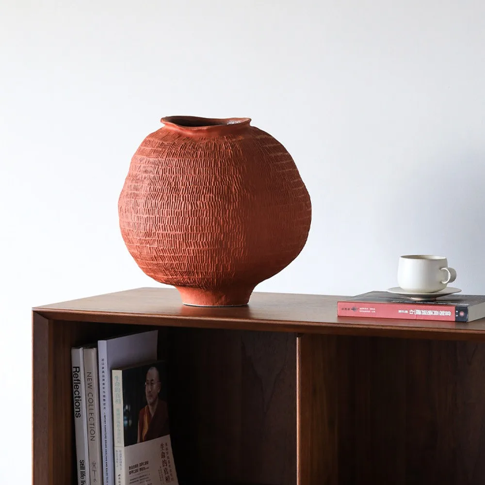 Cinnabar Red Textured Ceramic Jar Vase, Large or Small in red — front view