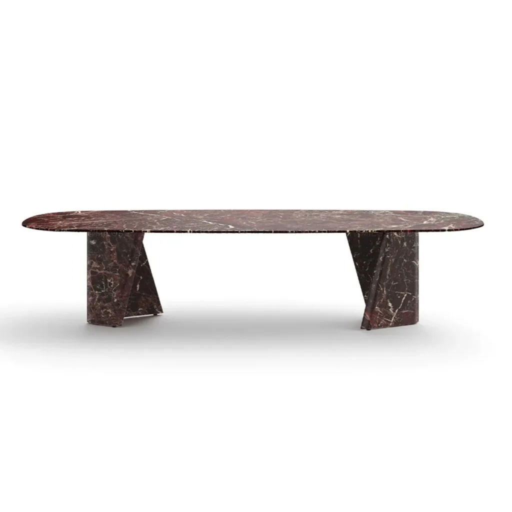 Red Marble Dining Table on Angled Stone Slabs in burgundy — front view