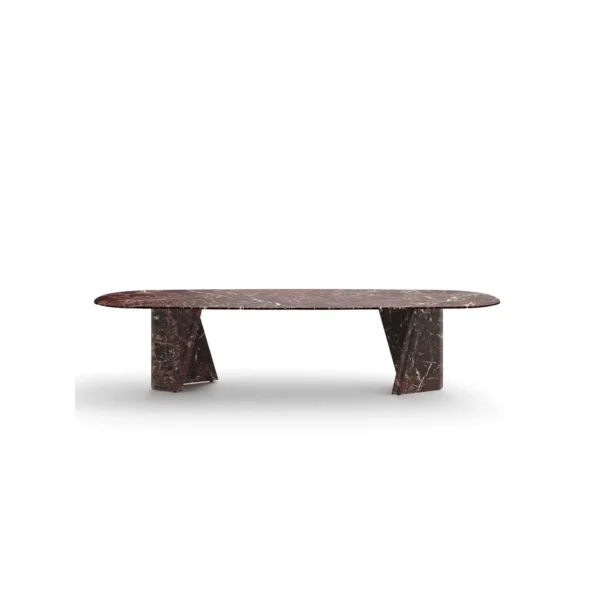 Red Marble Dining Table on Angled Stone Slabs in burgundy — in a room setting