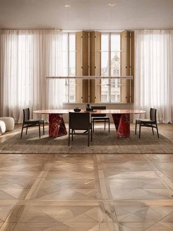 Red Marble Dining Table on Angled Stone Slabs in burgundy — in a room setting