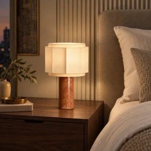 Red Marble Cylinder Table Lamp with Tiered Cotton Shade in red — front view