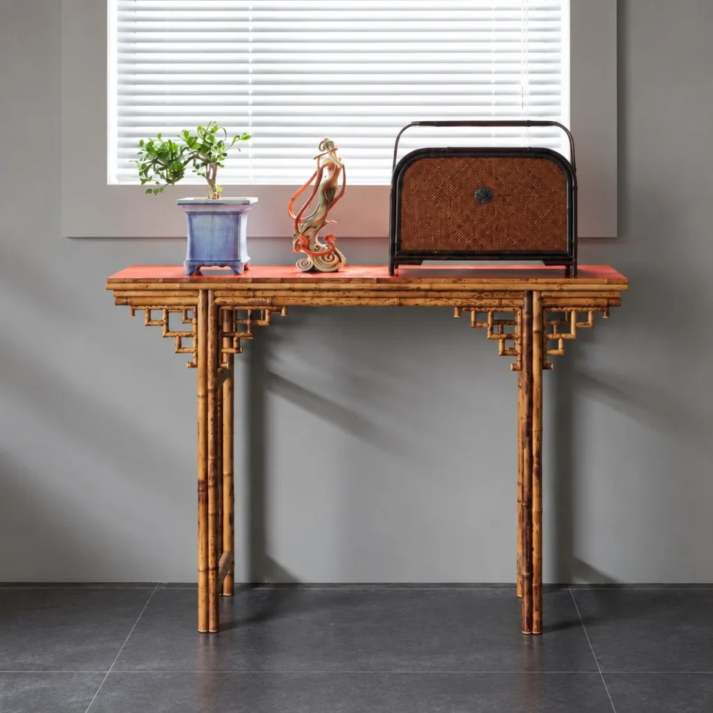 Bamboo Altar Console with Red Lacquer Top in natural oak — front view