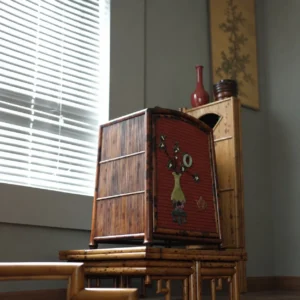 Bamboo Small Cabinet with Red Lacquer Vase Panel in clay — front view